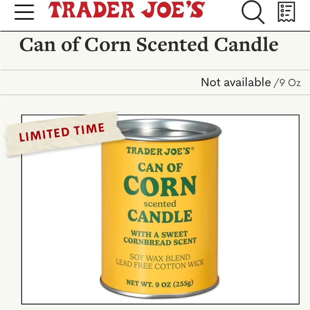 NWT Trader Joe's Can of Corn Scented Soy Wax Candle 9 ounces